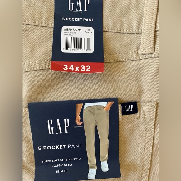 NWT Gap Mens 5 Pocket Pants 34 X 32 Chinchilla Color Stretch Slim Fit Classic - Picture 3 of 7